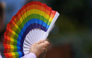 Someone holds a rainbow colored fan.